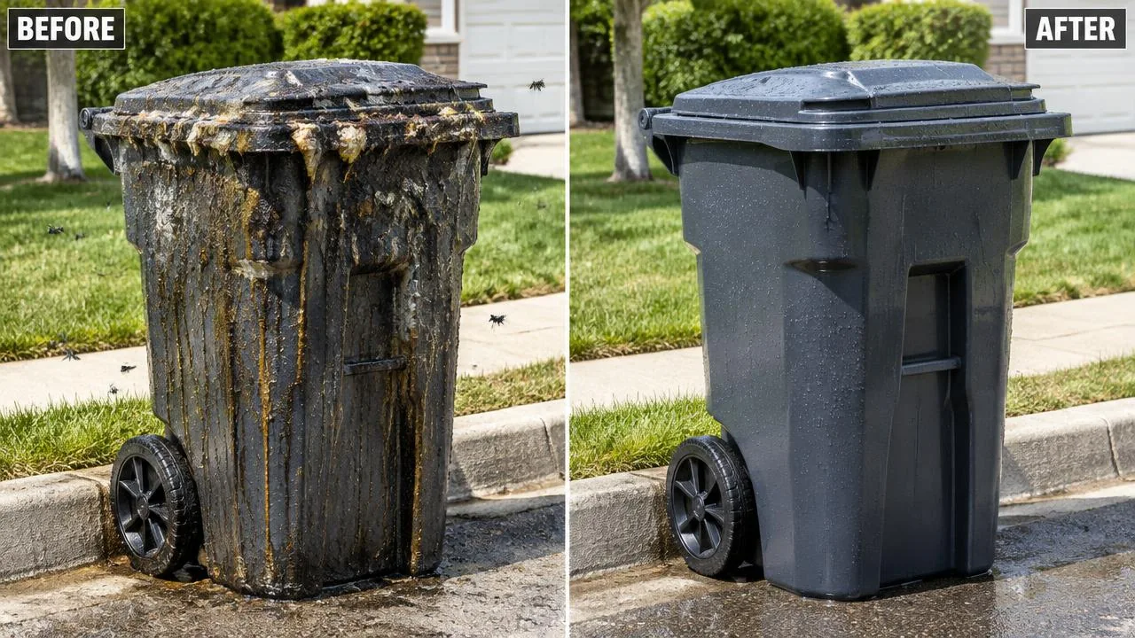 Gray trash cart before and after deep cleaning at the curb