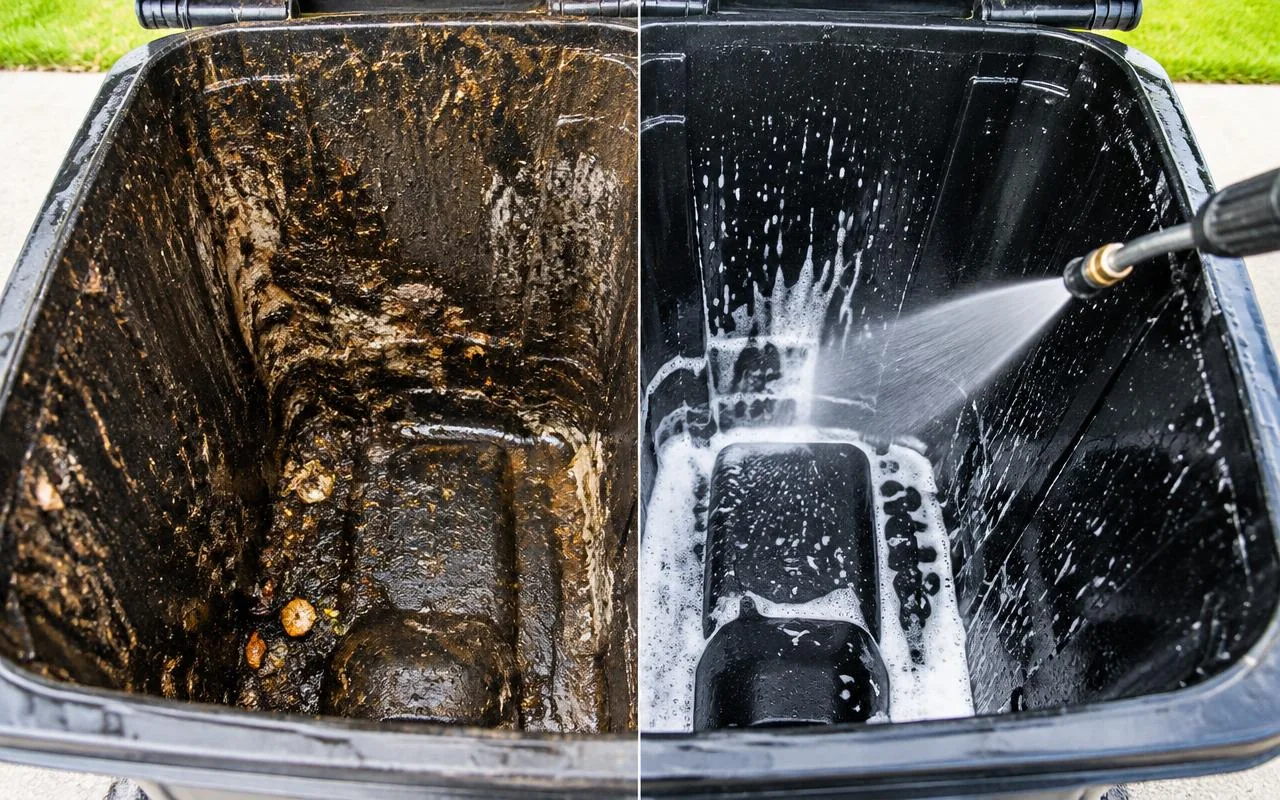 Black trash bin interior before and after power washing with soap foam