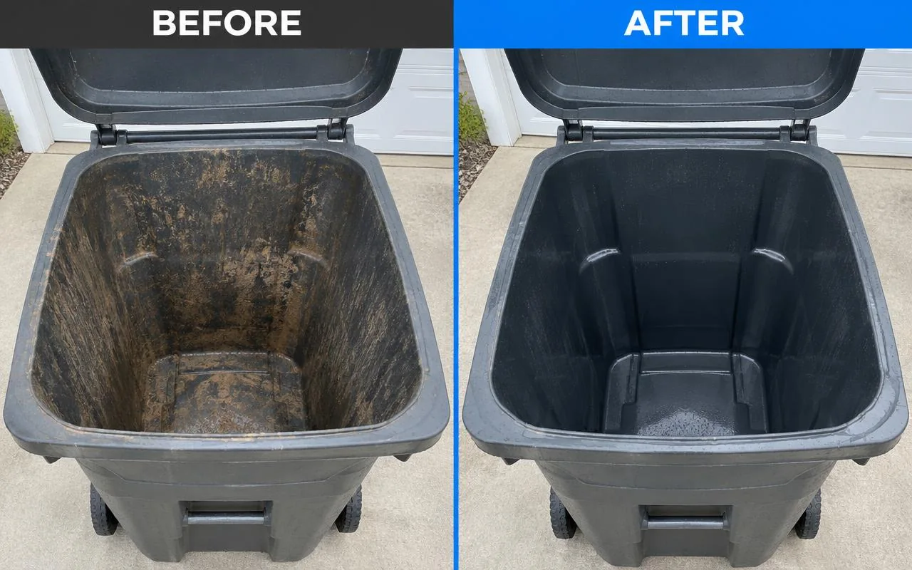 Charcoal trash bin interior before and after cleaning